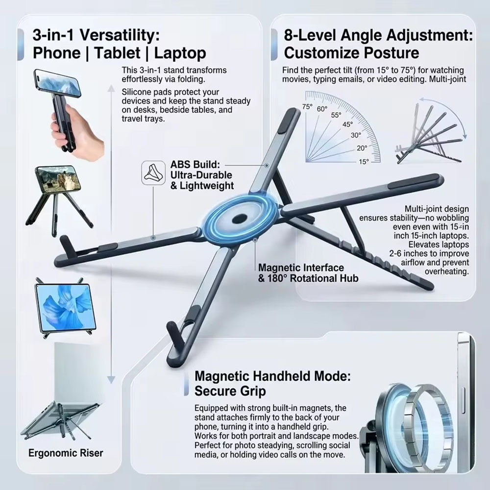 Useful Tablet Accessories - Tragbarer Magnetischer Handyhalter & Selfie-Stick 3-in-1